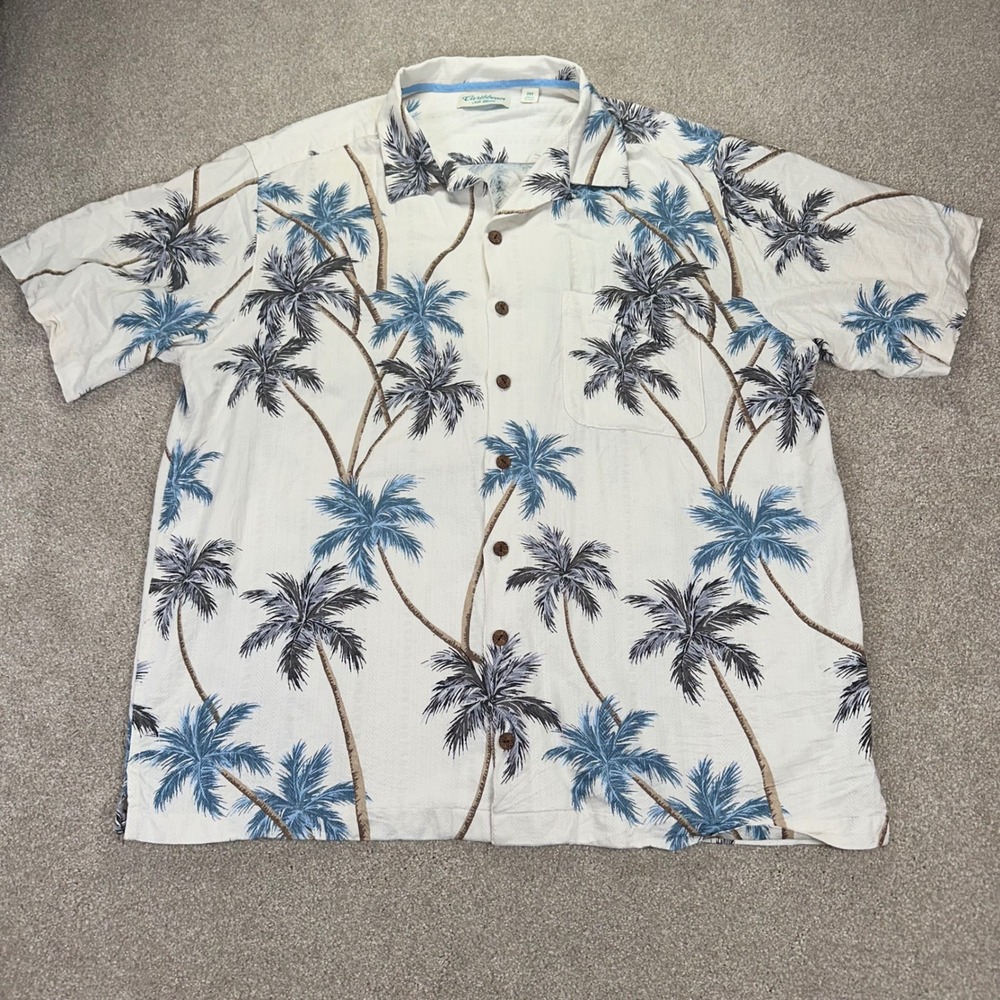 Caribbean Mens 2XT Button Up Shirt White Palm Tree Silk Blend Tropical Camp